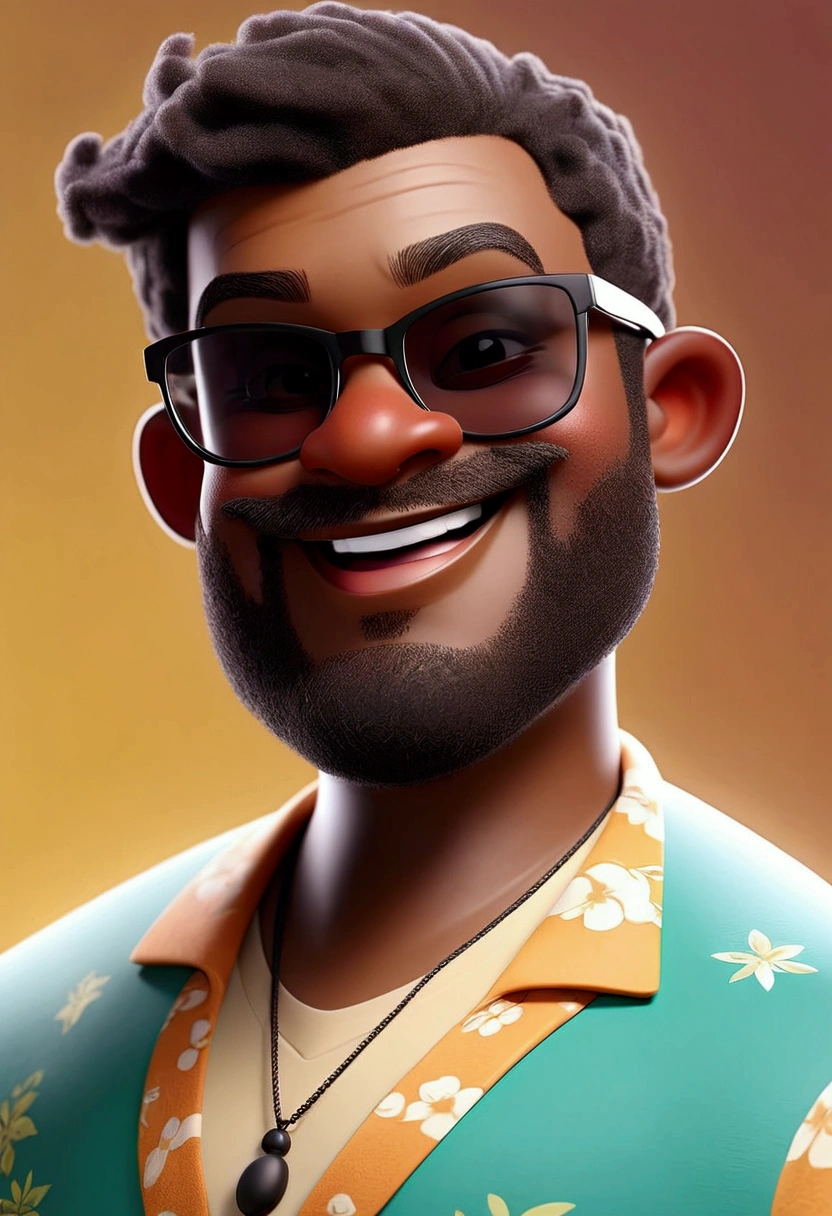 create a cartoon character for mum, black male, smiling, happy, of medium weight, chubby man, com uma barba rala, thin mustache and small goatee, with short curly hair, wearing dark Ray-Bans
