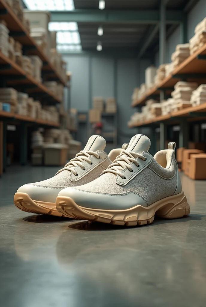 create an image of a shoe that was created from recycled materials, SOM: plastic bottle, rubber and fabrics. with a background based on the materials mentioned. inside a shoe factory. I want it with the pair of shoes