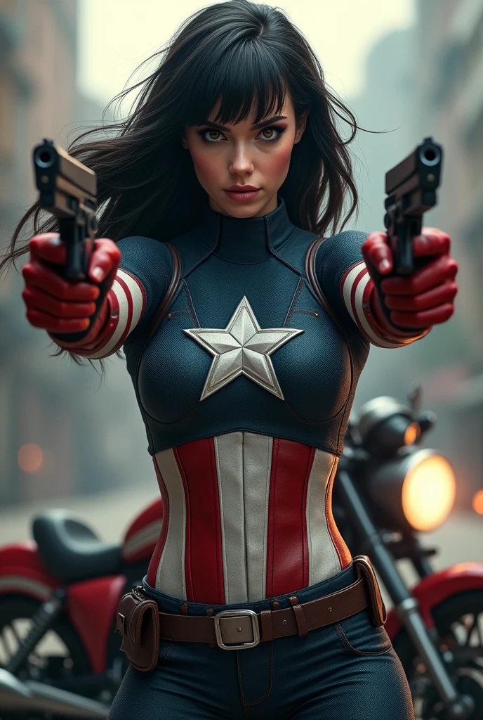 woman with black hair and bangs, long hair, she wears a Captain America costume, she is holding two pistols in her hands, behind her is a motorcycle.