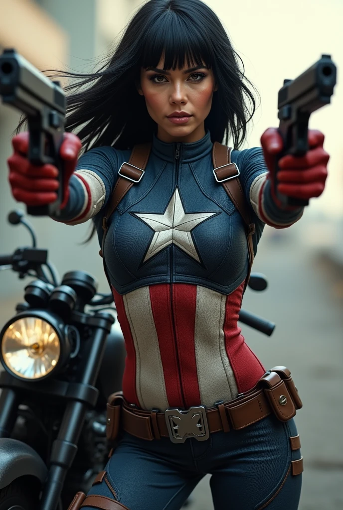 woman with black hair and bangs, long hair, she wears a Captain America costume, she is holding two pistols in her hands, behind her is a motorcycle.