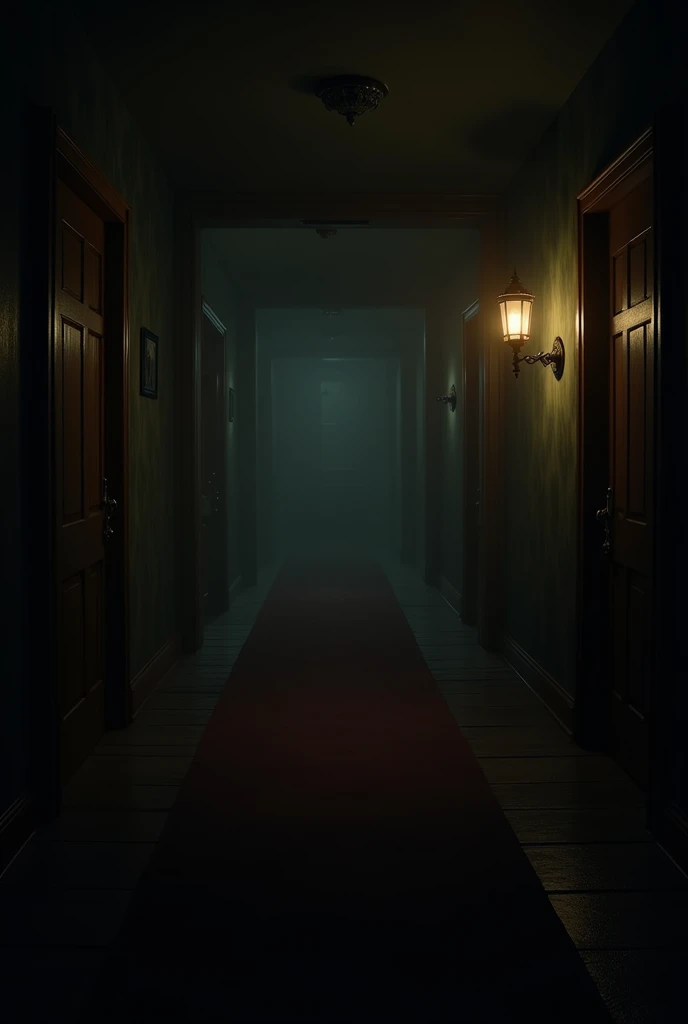 Hallway
Location: First floor, with doors to different rooms.
Provision: Long hallway with doors on the sides, a lantern and other minor elements that will be seen in the darkness.
Accessories: wooden doors, dark carpet and minimal decorations to create a tense atmosphere.