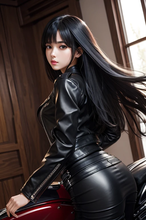 Long fringed hair、1girl in、Glossy leather rider jacket、Leather、Tight skirts、(top-quality:1.4)、(超A high resolution:1.2)、(A detailed eye)、a room