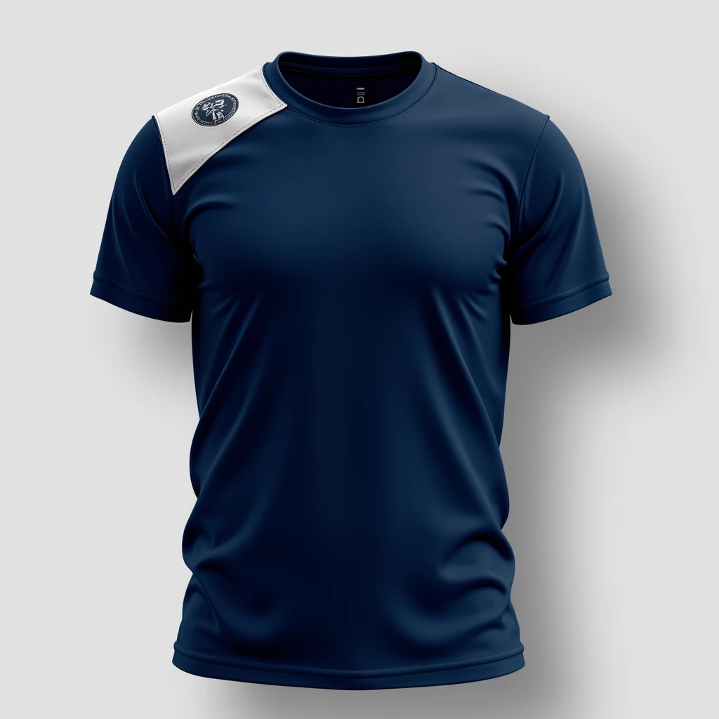 Create a t-shirt using only navy blue, sporty style, and a logo on the shoulder. 