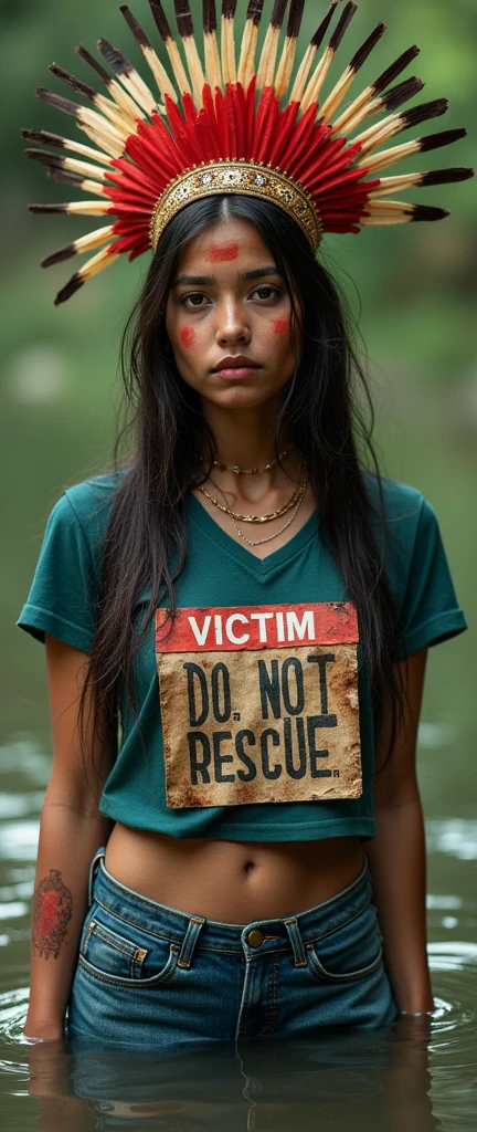 extremely detailed woman in jeans and t-shirt, plastic race bib "VICTIM DO NOT RESCUE " is victim of ritual,drowning in bog, seductive, wearing a beautiful headdress and traditional indigenous makeup. red, green, blue