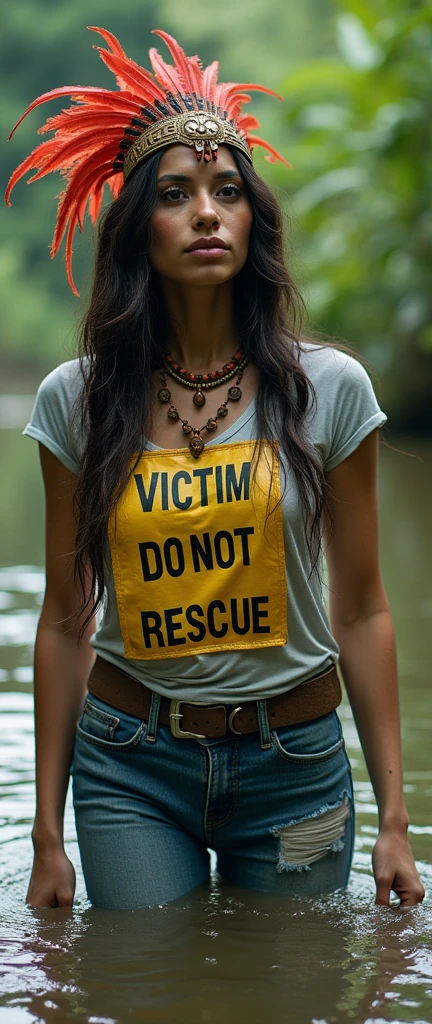 extremely detailed woman in jeans and t-shirt, plastic race bib "VICTIM DO NOT RESCUE " is victim of ritual,drowning in bog, seductive, wearing a beautiful headdress and traditional indigenous makeup. red, green, blue