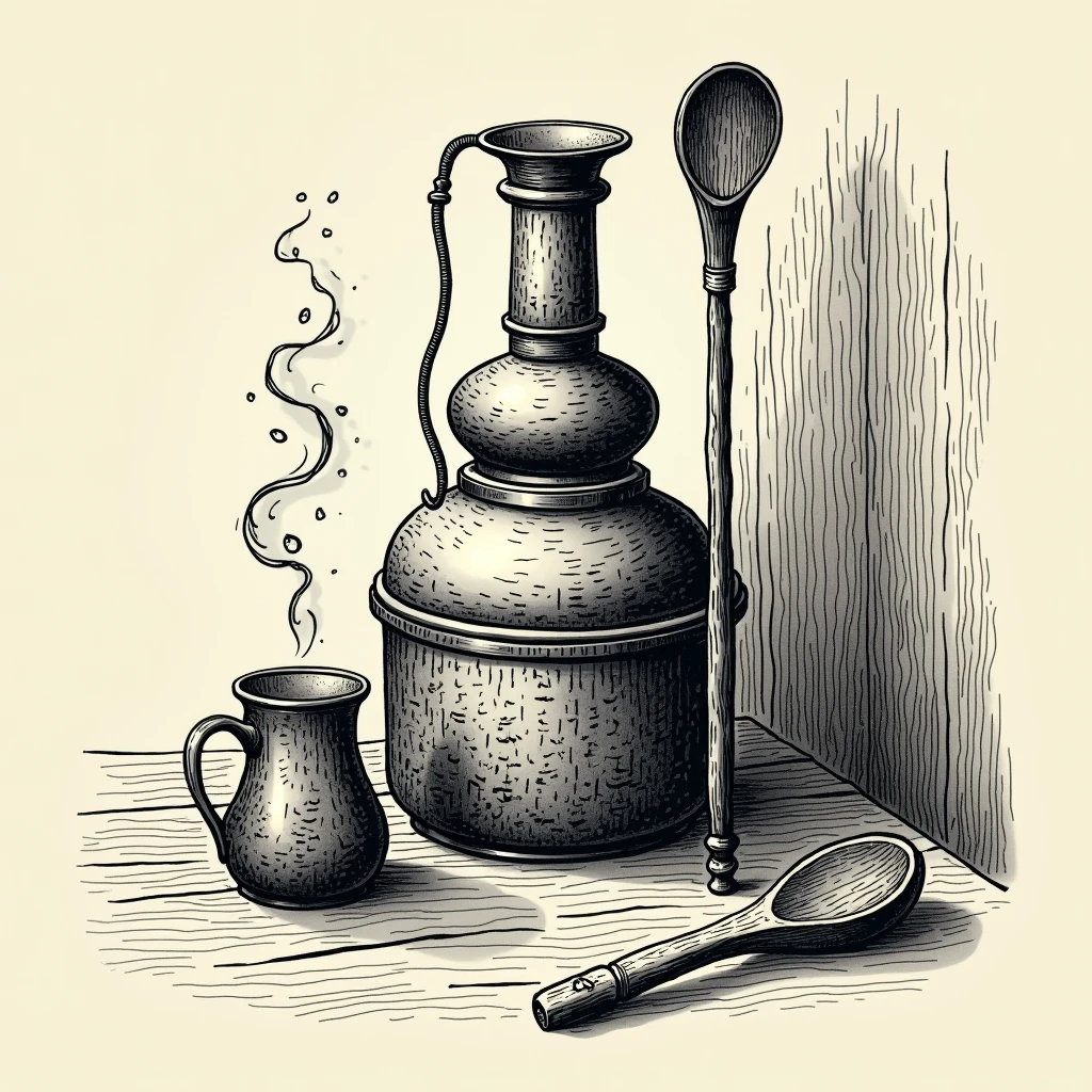 High-contrast, minimalist photography of a hand-drawn, nostalgic illustration showcasing a vintage, traditional distillery scene in exquisite black and white tones, with bold lines, subtle textures, and delicate shading, evoking a sense of timeless elegance, featuring a beautifully rendered, ornate still, a sturdy, handcrafted wooden spoon, and a rustic, antique backdrop, with warm, creamy whites and deep, rich blacks, inviting the viewer to step into a bygone era of artisanal craftsmanship, whe