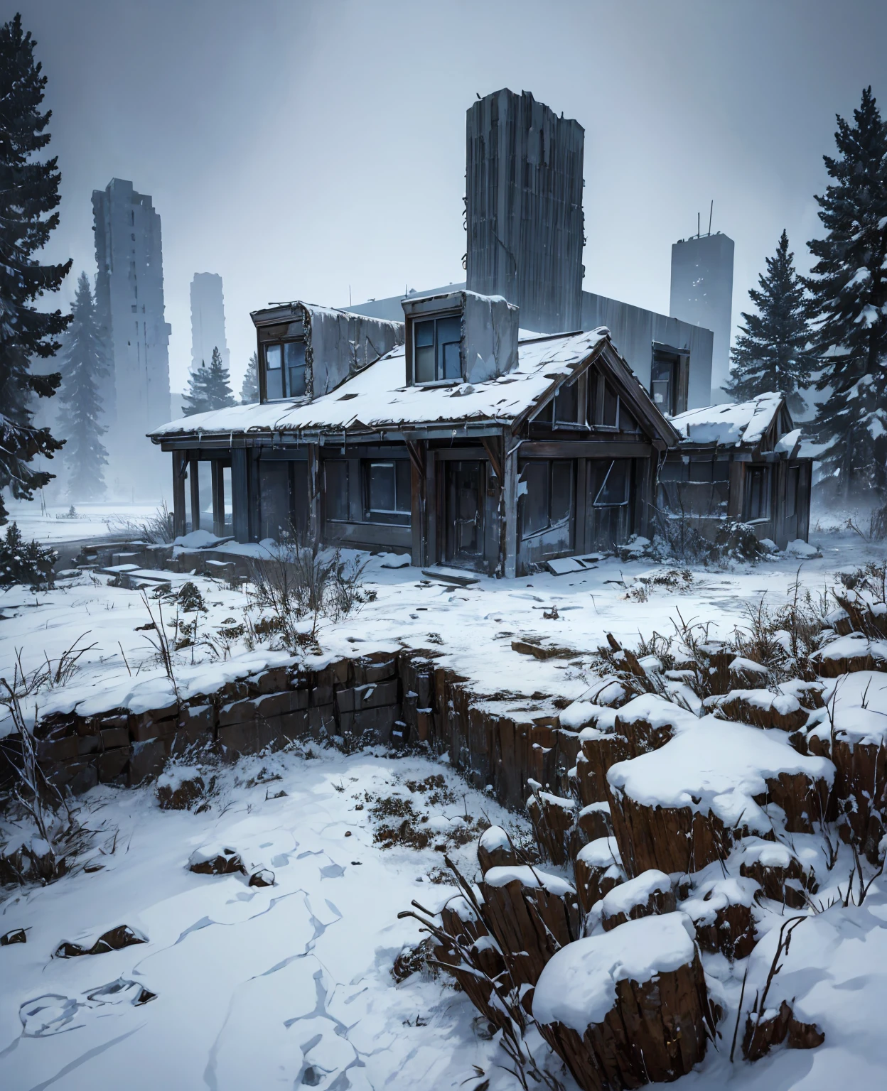 A snowy, post-apocalyptic landscape, a lone figure trudging through the desolate, frozen wasteland, bleak and hopeless, an eerie sense of isolation and despair, dark skies, blowing snow, crumbling ruins, a sense of abandonment and decay, a glimmer of hope amidst the desolation