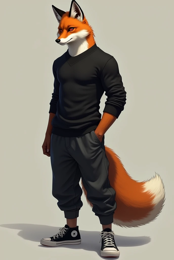 1guy, male fox, below-average, furry, anthropomorphic, dark red eyes, handsome guy, with black sweater and long pants, sneackers, standing