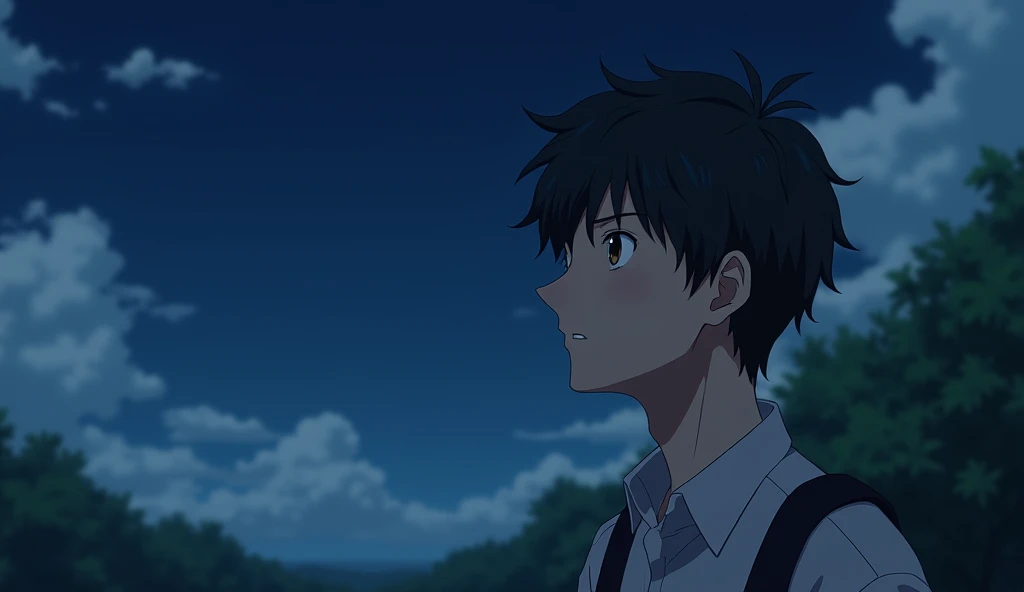 A Japanese male college student stares into the distance with a somber expression.,Excited, Against the background of the night sky, with a natural look, With a slightly tired look, tilt your face a little, Diagonal orientation, Average face
