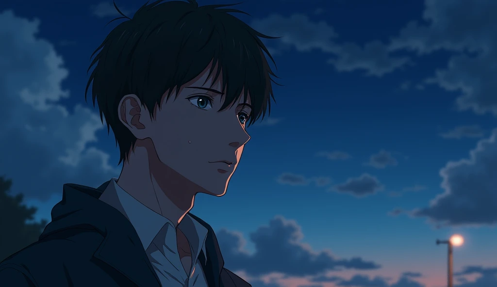 A Japanese male college student stares into the distance with a somber expression.,Excited, Against the background of the night sky, with a natural look, With a slightly tired look, tilt your face a little, Diagonal orientation, Average face