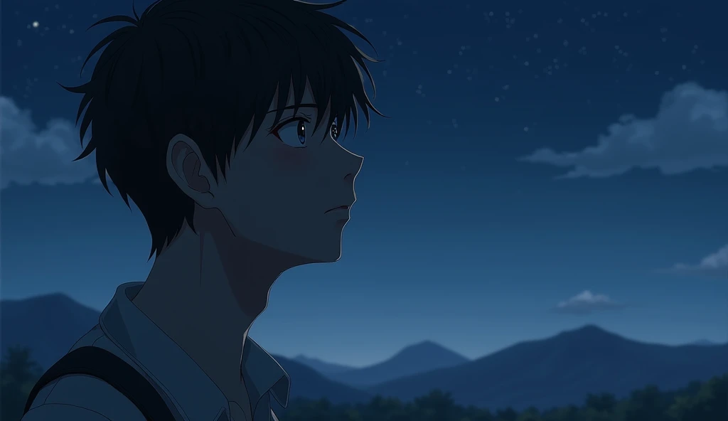 A Japanese male college student stares into the distance with a somber expression.,Excited, Against the background of the night sky, with a natural look, With a slightly tired look, tilt your face a little, Diagonal orientation, Average face