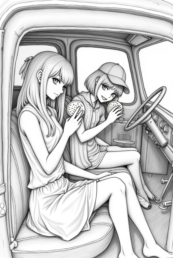 A drawing as if it were made in pencil, of two girls in a car, eating cookies. a, sitting in the co-pilot, with a lot of hair, slim, wearing a skirt and a top, with a calm face. other, king, short hair with a cap, wearing a jacket, on the pilot's side, turning to look at the co-pilot with a mocking smile. The image is from the inside, the truck is old. Make the image closer, interesting perspective, exaggerated and grotesque details