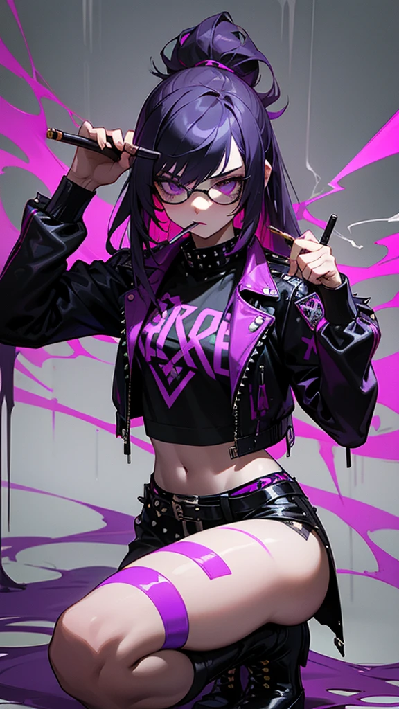 young woman,punk outfit in black and bright violet,long hair with violet streaks,dark aviator sunglasses,studded leather jacket,t-shirt with a heavy metal band image,squat pose,smoking a cigarette,sinister aura,spilled paint background,Unity 8k