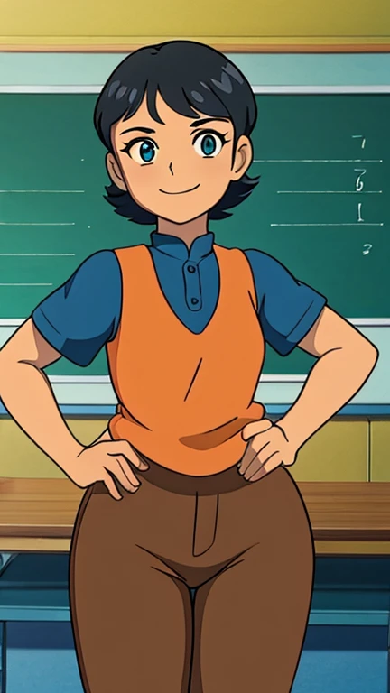 (s:1girl: keane), (extremely detailed CG unit 8k wallpaper),(master part), (best quality), (ultra detail), (best illustration),(GHIBLI_Background), cowboy shot, (Sharp eyeliner, ombre, detailed eyes:1), classroom, interior, break , (StudioGhibliStyleHMC), upper body, short black hair,blue eyes,short hair,
orange shirt,red vest,brown pants, hips,
standing,smile,