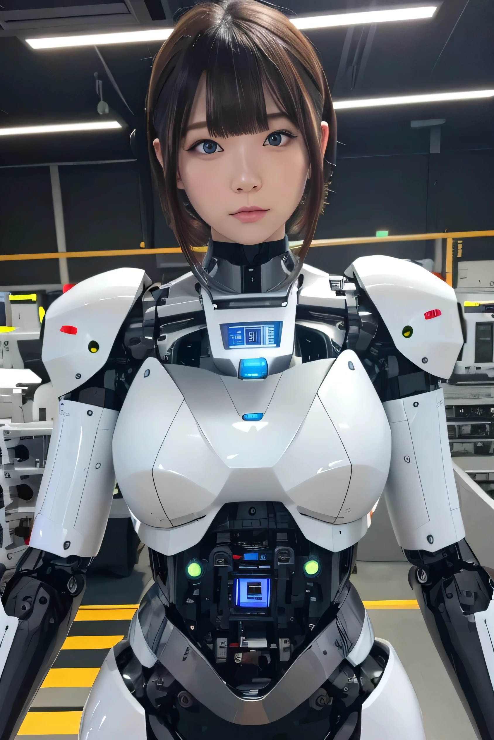masterpiece, best quality, extremely detailed, Japaese android girl,Plump ,control panels,android,Droid,Mechanical Hand, Robot arms and legs,Blunt bangs,perfect robot girl,long tube,thick cable connected her neck,android,robot,humanoid,cyborg,japanese cyborg girl ,robot-assembly plant,She has assembled now,assembly scene,chest monitor,blue eyes,rolling eyes