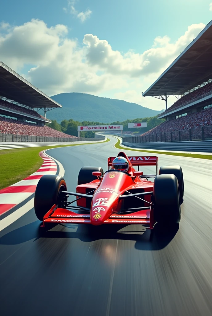 Ayrton Senna racing on a Formula 1 track, with him in the background of the image also to represent the whole track, The image needs to be large and landscape for a banner strip that will be lying down 446 wide and 250 high.