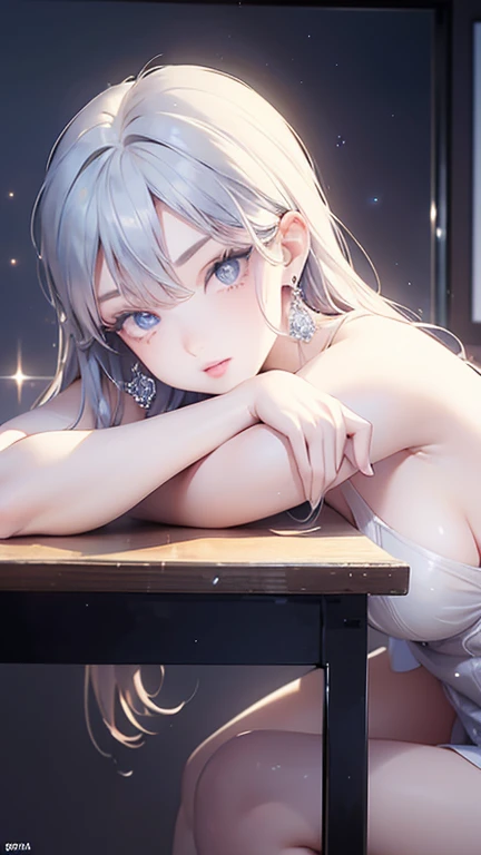 (On the table: 1.3), (Maximum resolution: 1.2), (Ultra HD TV: 1.2), Cinema Lighting, Ultra HD TV, (Delicate eyes and skin), (Detailed facial features), North African Free Trade Area, 8k resolution, Sharp focus: 1.2, Full body angle 1.9,Perfect Style, Cute Face, Perfect body, Accurate, Anatomically correct, Highly detailed face and skin texture, Delicate eyes, Dark blue eyes, double eyelid, Thin eyebrows, Glitter Eyeliner: 1.2, Natural Cheeks, Glowing Skin, White skin: 1.2, Sparkling necklace and earrings, (Glossy Lips: 1.4), rest, One person'perspective, (((Very cute school girl))), (Sexy pink lace), (smile: 1.2), ((Pure and cute:1.3)), (Long Wavy Hair), (Light brown hair:1.2), , rest, ((Very close relationship: 1.2)), moderately, ((Looking at the audience:1.2)), (Library 1.2), ((Please bend your knees:1.2)), (From the side:1.2),Low angle shot,Off-the-shoulder mini dress,mini skirt,Embarrassed look,((((Big Breasts)))),((((uniform))))
