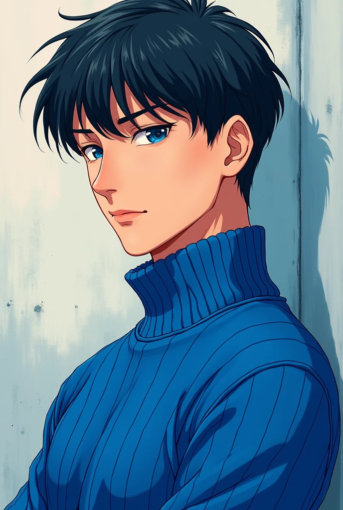 A man with black hair, tall, and wearing a blue sweater, no beard, full anime color.