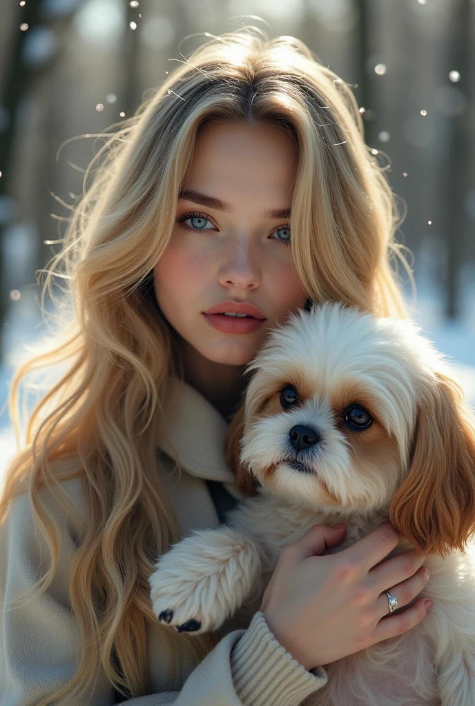 a beautiful girl with long blonde hair, detailed eyes, nose, and lips, in the snow with a shih tzu in her arms, a woman who looks like alisha lehmann, realistic, (best quality,4k,8k,highres,masterpiece:1.2),ultra-detailed,(realistic,photorealistic,photo-realistic:1.37),detailed facial features, beautiful flowing hair, soft skin, snow covered forest background, warm lighting, depth of field, intricate details, cinematic composition, dramatic lighting, muted color palette, atmospheric haze