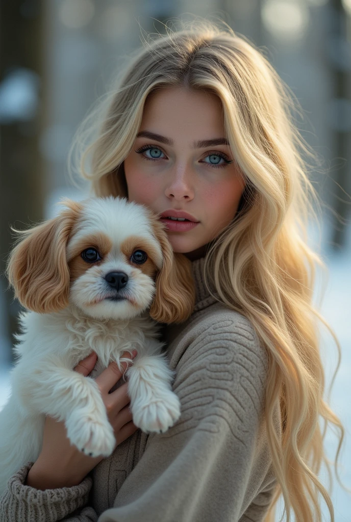 a beautiful girl with long blonde hair, detailed eyes, nose, and lips, in the snow with a shih tzu in her arms, a woman who looks like alisha lehmann, realistic, (best quality,4k,8k,highres,masterpiece:1.2),ultra-detailed,(realistic,photorealistic,photo-realistic:1.37),detailed facial features, beautiful flowing hair, soft skin, snow covered forest background, warm lighting, depth of field, intricate details, cinematic composition, dramatic lighting, muted color palette, atmospheric haze