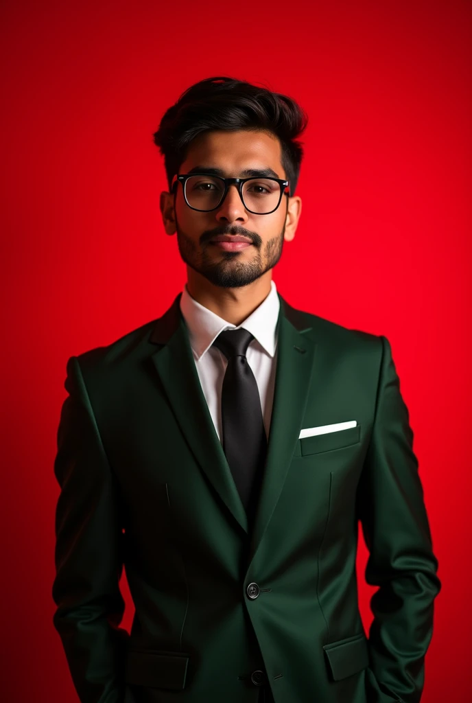 26 years old handsome white Bangladeshi man and face is fresh wearing blazer suits green and black colour and tye and business man and glasses posing for likeedin red light in background