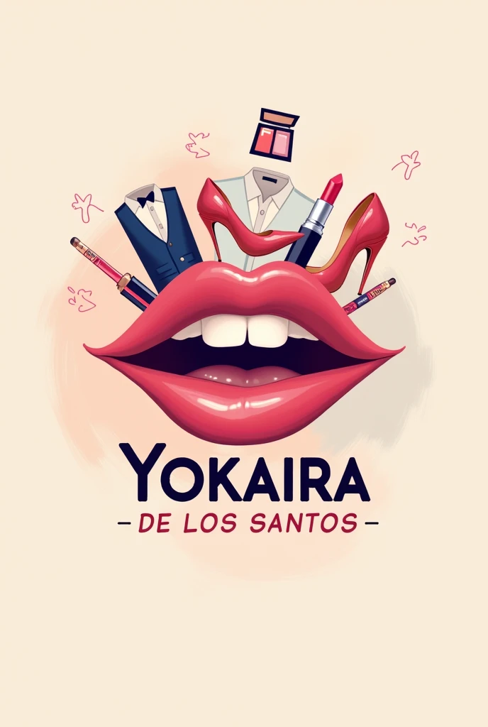 Make a logo with the name Yokaira De Los Santos. Do it with a lot of style and let it be pastel pink mixed with beige. Let it have the shape of lips that take accessories like heels out of their mouth, makeup, earrings, Men's vests and clothing