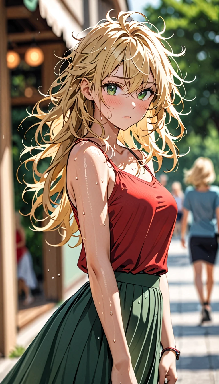 Beautiful and blond, summer, messy hair, sweat, red top, dark green skirt, stylish, blur background,