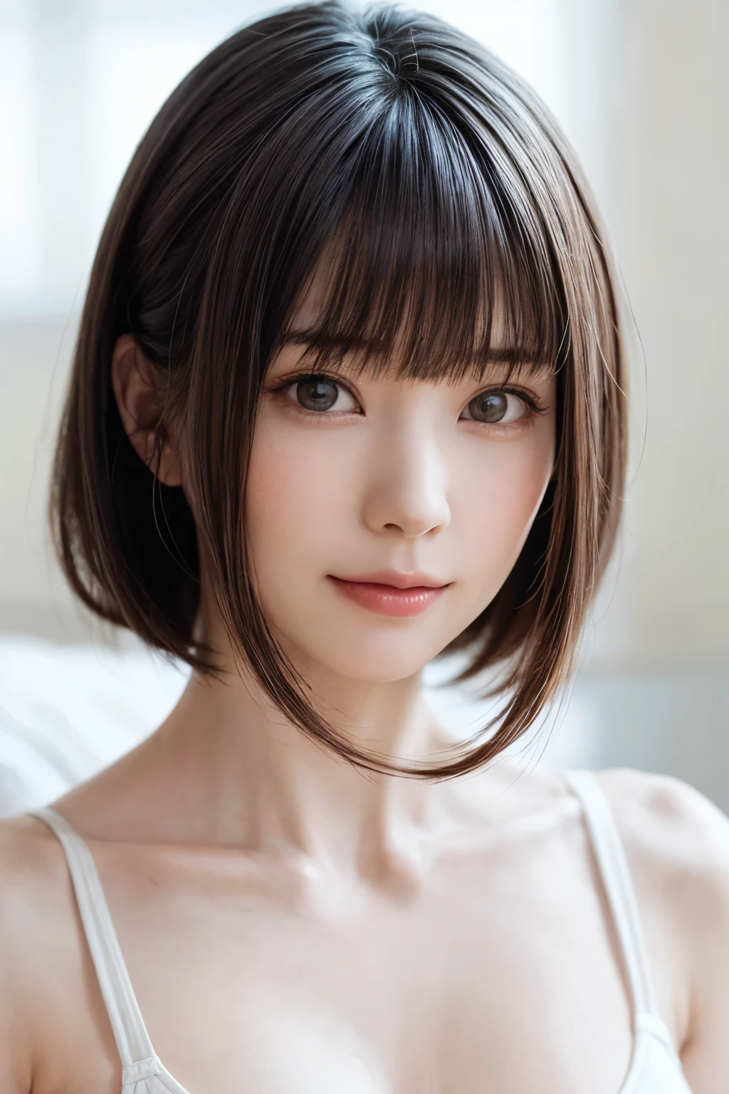((masterpiece, Highest quality, High resolution、Realisticですべてが美しく詳細に描かれている)), 1 person, (Realistic: 1.4), alone, White Background, snow-White Background, Mouth closed, smile, smile, Beautiful black hair, short hair, Big eyes, Transparent double eyelids, eyelash, Listen carefully, Long neck, 美しくLong neck, Absolute area, ((Face close-up)), (Draw the whole head, shoulder), 19 years old, Attractive proportions, Glowing Skin, Beautiful clavicle, Golden ratio face, Perfect Face, Teardrop-shaped mole, chestのほくろ, bangs, clean bangs, beautiful bangs, Lip gloss, Thin lips, Fair skin, naked, Big Breasts, {Huge|big|Hugeな|Mega} chest:2, chestの谷間:2,chestの谷間を見せる、Small face, Small face, All the heads are painted, shoulder all drawn, Point slightly above the camera