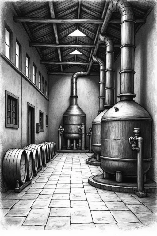 a freehand sketch illustration of an old-style cachaça distillery, black and white, detailed sketch, traditional distillery equipment, rustic atmosphere, intricate architectural details, aged wooden structures, steel vats and barrels, cobblestone floors, natural lighting, high contrast, chiaroscuro, pencil sketch, charcoal drawing, masterpiece, best quality, hyper detailed