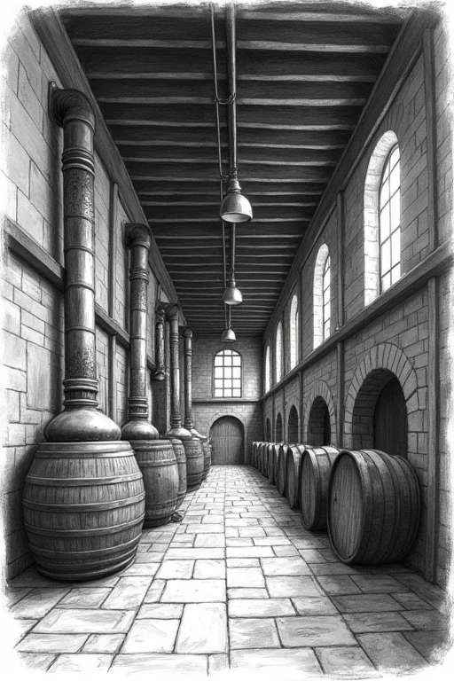 a freehand sketch illustration of an old-style cachaça distillery, black and white, detailed sketch, traditional distillery equipment, rustic atmosphere, intricate architectural details, aged wooden structures, steel vats and barrels, cobblestone floors, natural lighting, high contrast, chiaroscuro, pencil sketch, charcoal drawing, masterpiece, best quality, hyper detailed