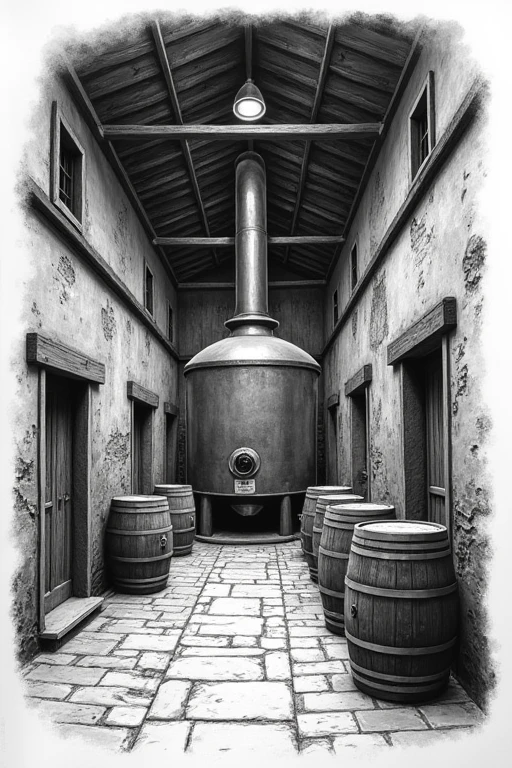 a freehand sketch illustration of an old-style cachaça distillery, black and white, detailed sketch, traditional distillery equipment, rustic atmosphere, intricate architectural details, aged wooden structures, steel vats and barrels, cobblestone floors, natural lighting, high contrast, chiaroscuro, pencil sketch, charcoal drawing, masterpiece, best quality, hyper detailed