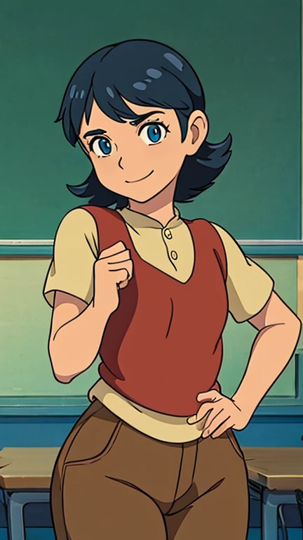 (s:1girl: keane), (extremely detailed CG unit 8k wallpaper),(master part), (best quality), (ultra detail), (best illustration),(GHIBLI_Background), cowboy shot, (Sharp eyeliner, ombre, detailed eyes:1), classroom, interior, break , (StudioGhibliStyleHMC), upper body, short black hair,blue eyes,short hair,
orange shirt,red vest,brown pants, hips,
standing,smile,