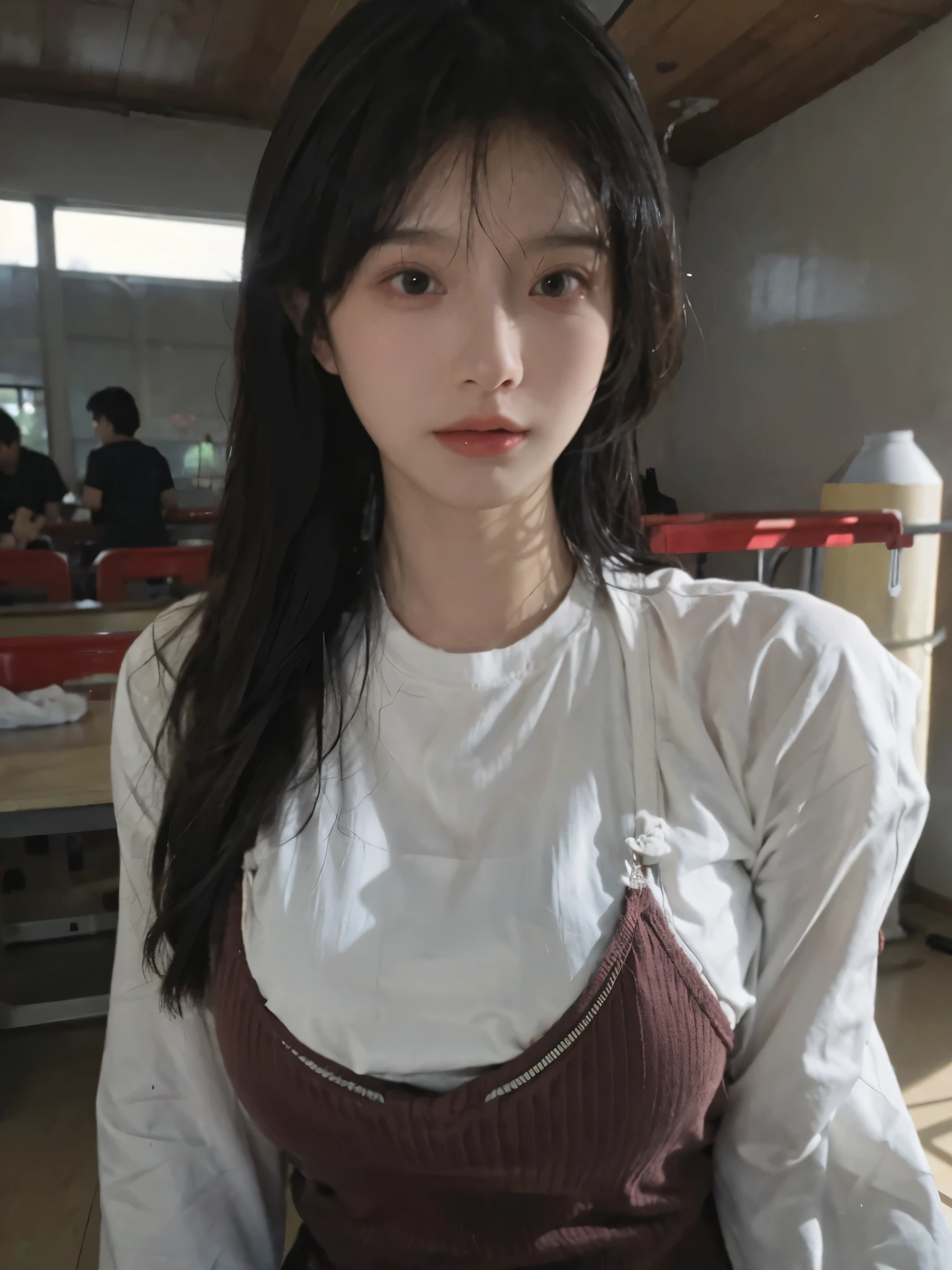 Best Quality, Masterpiece, Ultra High Resolution, (Realistic: 1.4), 1 Girl, Sexy, (Campus: 1.2), (Big Breast: 1.3), (Upper Body: 1.4)