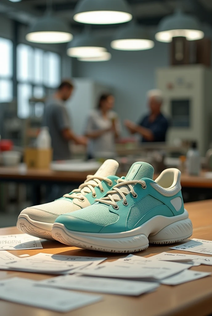 create an image of a shoe that was created from recycled materials, SOM: pet bottle, rubber and fabrics. with a background based on the materials mentioned. inside a shoe factory. I want the pair of shoes with the step-by-step instructions for assembling the shoes.