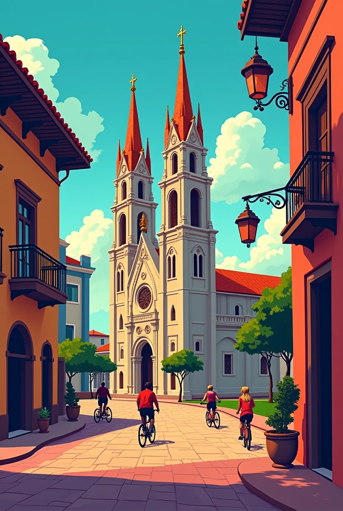 A poster about the city of San Lorenzo, Paraguay, The poster should have the phrase "Get to know San Lorenzo" Somewhere and be eye-catching for someone who doesn't know the city, The San Lorenzo Cathedral should appear, The San Lorenzo bike path and the corridor that connects the cathedral to the identification building