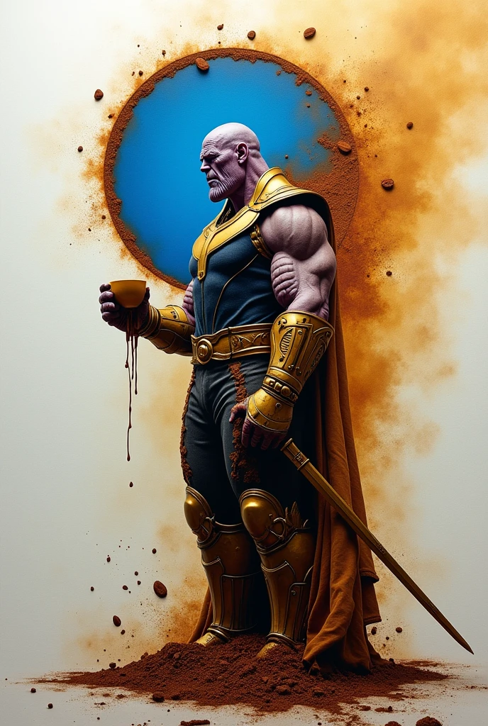 A captivating and conceptual 3D art piece showcasing a weary Thanos in crumbling armor, created using the unique technique of spilled coffee on a canvas. The female artist's hand is depicted holding a tilted cup, allowing the coffee to drip and blend into an abstract, cappuccino-inspired masterpiece. The palette features rich hues of gold, cinnamon, light yellow, and a striking circle of blueberry blue, forming the profile of the Thanos. The artist's focus is on the character's faded glory and harsh reality. The Thanos' posture exudes weariness, reflected in the broken sword and tattered banner. The chaotic background, filled with vibrant colors, starkly contrasts the white canvas. This hypnotic, 3D, vibrant, cinematic, conceptual art piece features architecture, painting,, painting, 3d render, conceptual art, architecture, illustration, vibrant, typography, cinematic