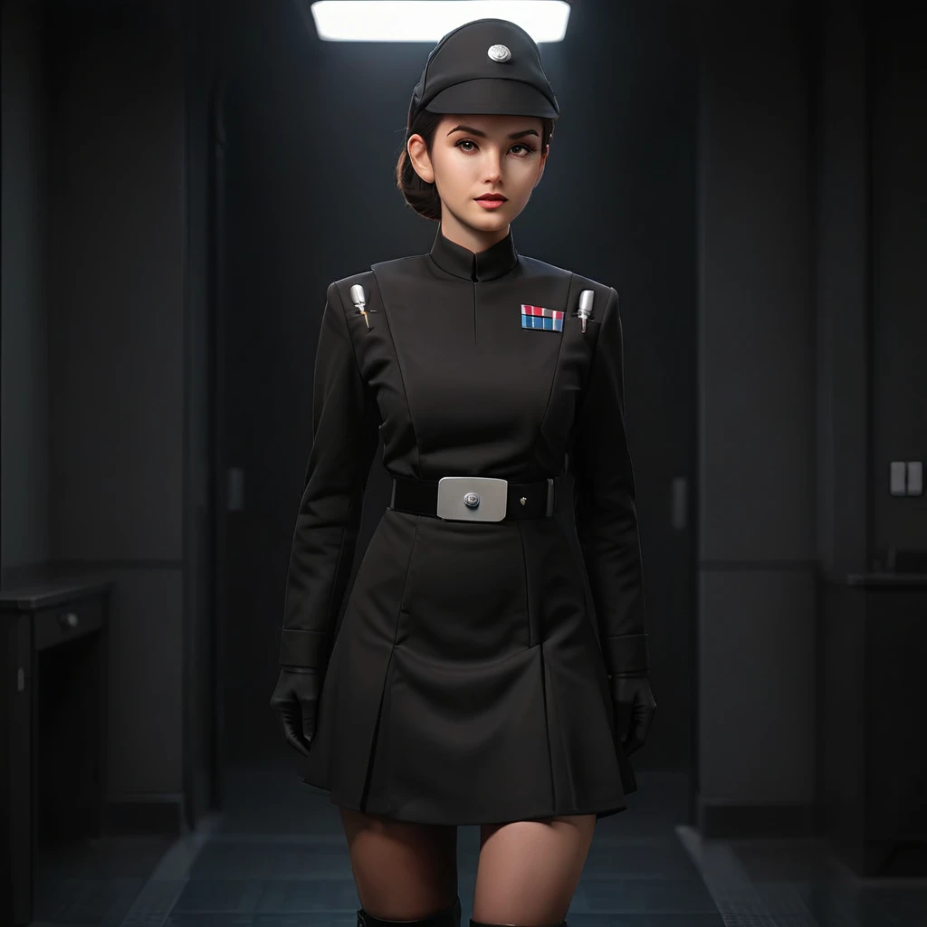 a fullbody  photograph of a beautiful female imperail officer wearing a black uniform with a skirt, standing in a dark interior 