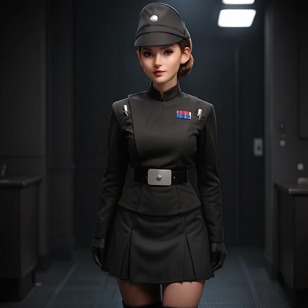 a fullbody  photograph of a beautiful female imperail officer wearing a black uniform with a skirt, standing in a dark interior 