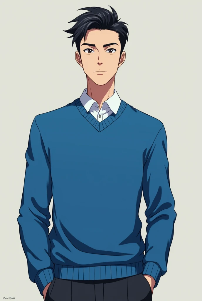 A tall man with black hair and a blue sweater without a beard anime full body