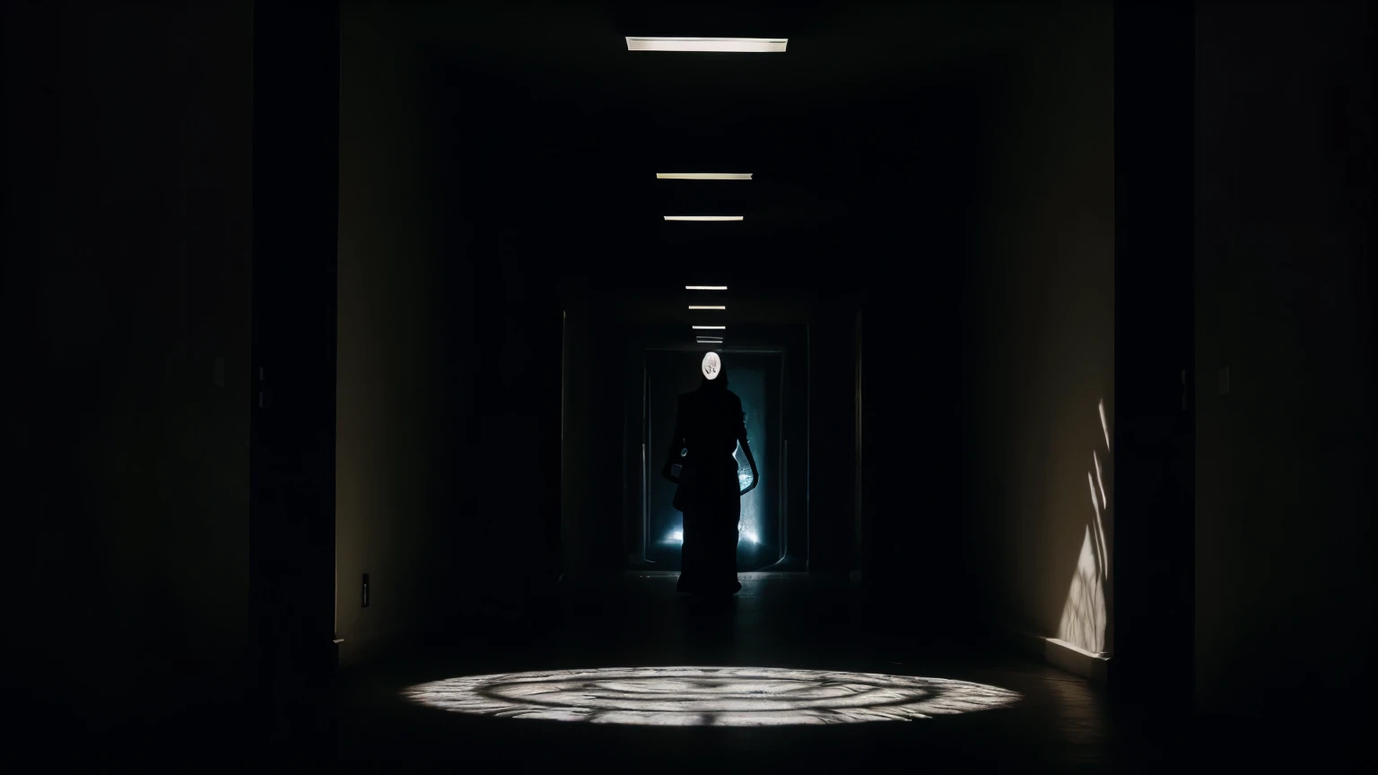 A dark, tangled labyrinth with a woman lost in the center, walls made of dense shadows and indistinct figures, weak light illuminating her, dramatic contrast with shadows around, 16:9 --v 5 --ar 16:9 --style surreal