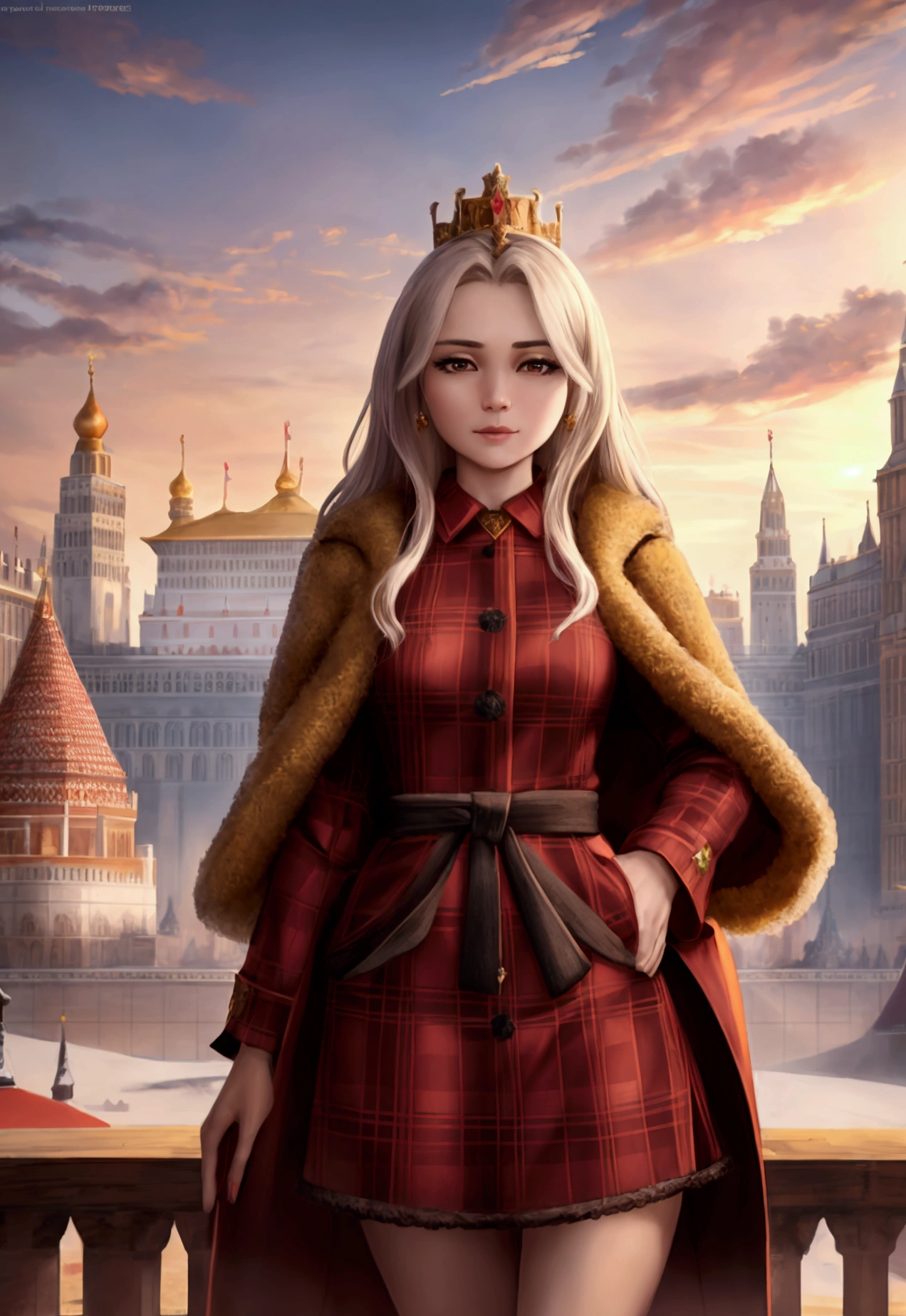 1 girl, plaid shirt, fur coat, Kremlin Palace background, outdoor, Hive,Best Quality, ultra high resolution, photorealistic,