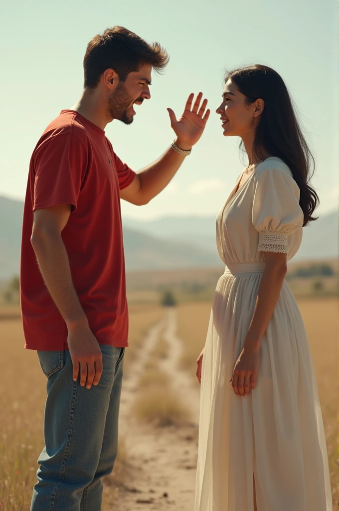 A young man in a red shirt, angry, stands roughly in front of his mother in a white dress, raises his hand as if yelling, wide side, full body, realistic, 4k