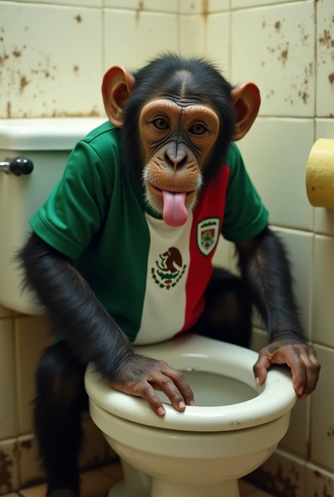 A chimpanzee licking the toilet bowl with its tongue in a dirty bathroom wearing a Mexico jersey.
