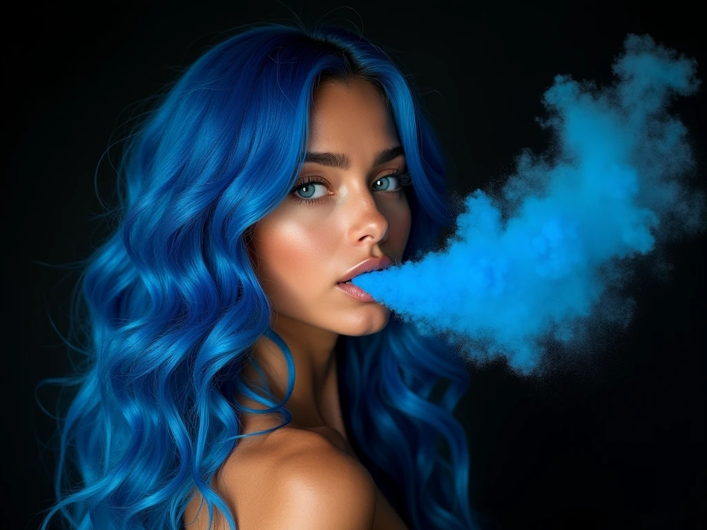 a beautiful biracial latina woman, long wavy blue hair, light blue eyes, blow on the side a blue powder forming "BlueKaria" in the air, black background,