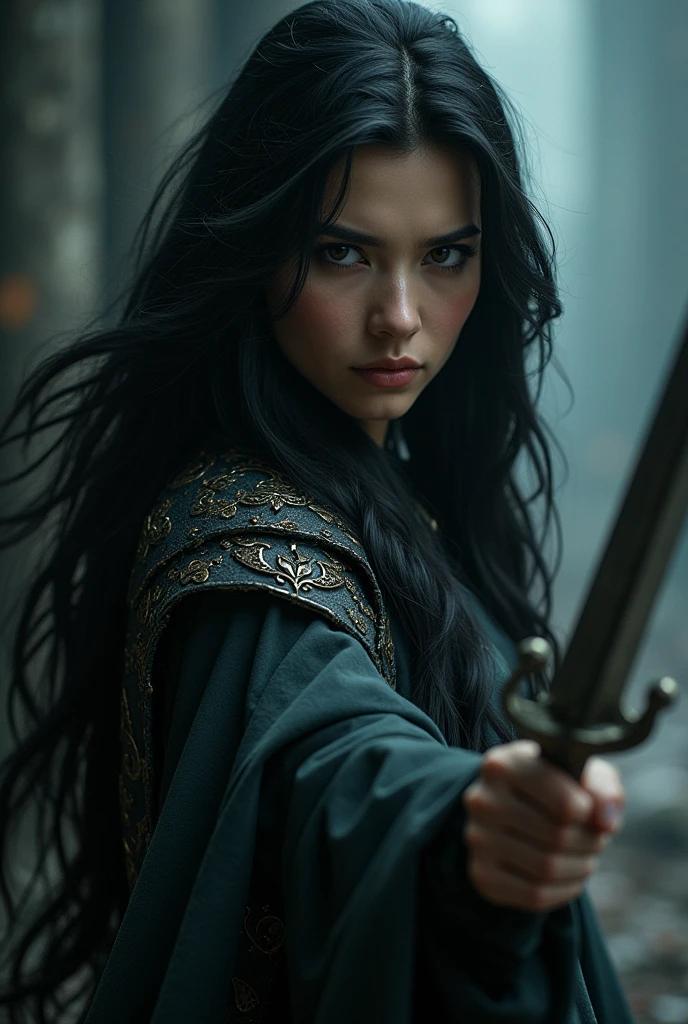 Dark girl with long hair with a sword and looking on her left side
