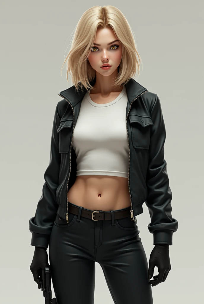 girl with blonde hair, 16 years, short stature, yellow eyes with a dark touch, slanted eyes, full lips, fine nose, White T-shirt, waist with sculpted abs, standard breasts, black jacket, black pants, black boots, spy-style clothing 