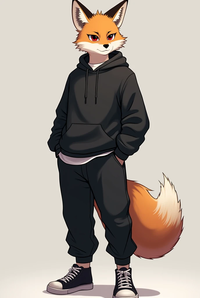 1guy, anime, male fox, below-average, furry, anthropomorphic, dark red eyes, handsome guy, with black sweater and long pants, sneackers, standing