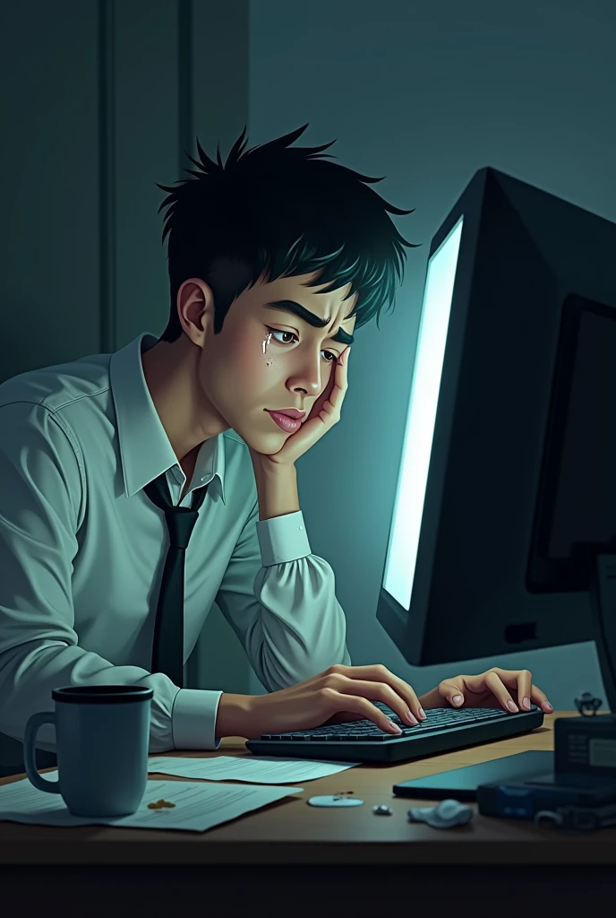 Make a young man secretary in front of a computer crying, but it is clear that he is sad, Because his briefcase was stolen but he still has to work 