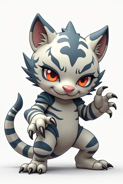 A small Chibi baby humaniod creature.
 Appearance: a hybrid creature,  half saber tooth tiger half scorpion .
The creature is mostly tiger but had scorpion like tail and claws.
The creature looks very menacing.
 Style : cel shaded , 3d , anime, Full-body,  t pose.
Colors: white , lite gray and dark gray

This is a digimon 