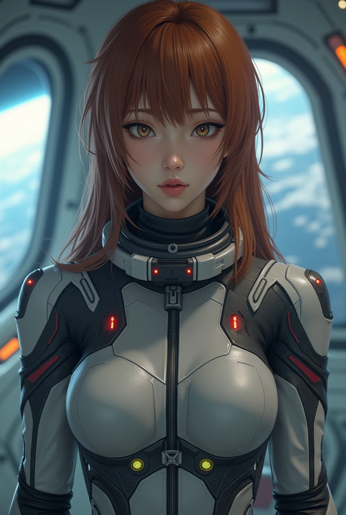 (Photorealsitic:1.4)、female、45 year old、Soryu Asuka Langley、Eva Unit 2 pilot、Colossal 、extremely busty,A slender、((((Wearing a gray pilot suit))、top-quality、extremely delicate and beautiful、high resolution、beautiful illuminating、1girl in、tall philanthropist、Earth Eye、Brown hair、(So real that you can mistake it for a photo)、illuminating the face、illuminating、face perfect、(Ultra-detailed eyesnose-mouth-tongue)、sexypose、illuminating the face、(Draw the whole body)、face perfect、space station,, upper body, cowboy shot,